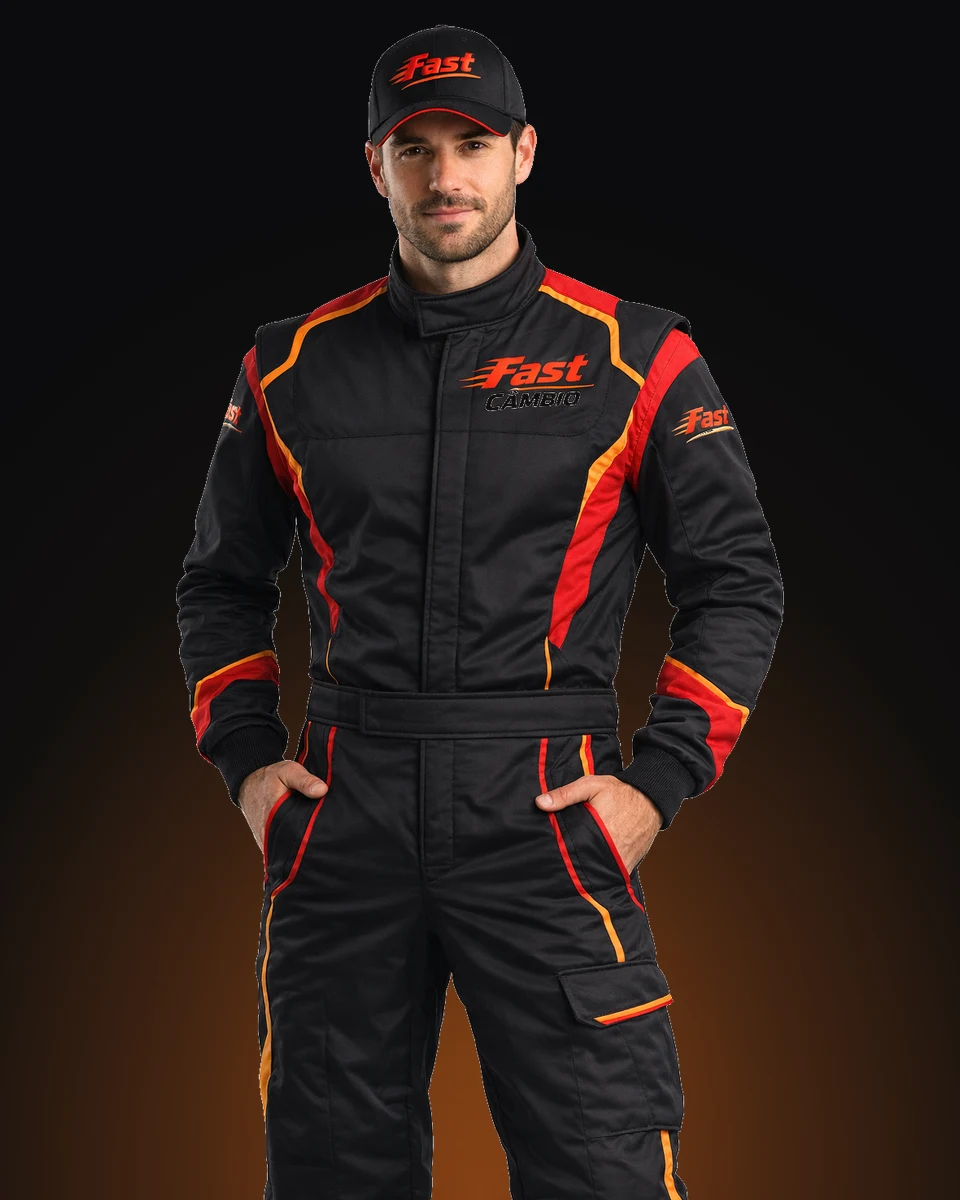 Mecánico de Fast Cambio con uniforme oficial negro, rojo y naranja, especialista en cambio de aceite y fluidos en Málaga.