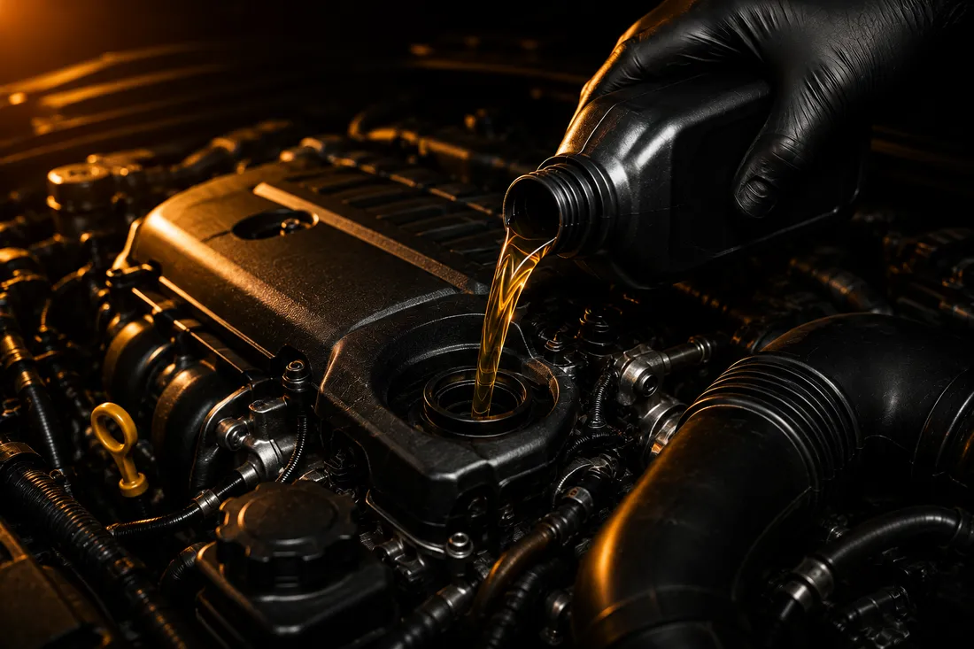Cambio de aceite de motor en Fast Cambio Málaga: aceite sintético nuevo vertido en el motor.