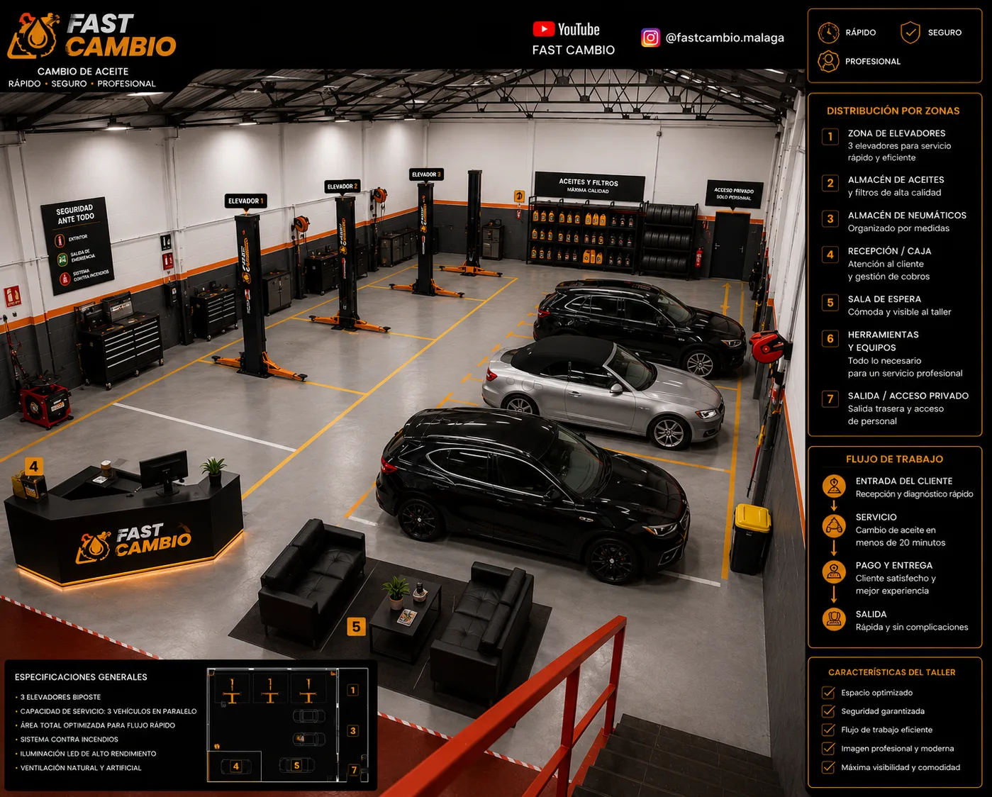 Interior del taller Fast Cambio en Málaga: tres elevadores, recepción con logotipo, sala de espera y coches en servicio de cambio de aceite.